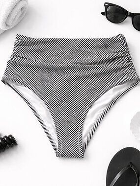 CUPSHE Black & White Striped High-Waist Bikini Bottoms | Size M | NWT
